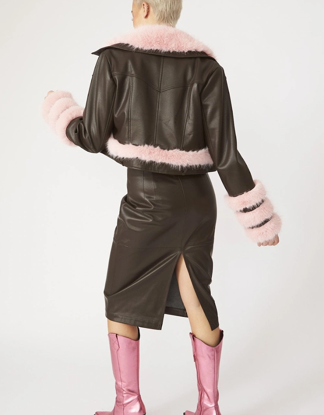 Brown Faux Leather with Pink Faux Fur Biker Jacket