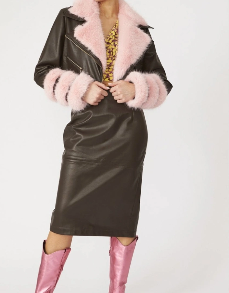 Brown Faux Leather with Pink Faux Fur Biker Jacket