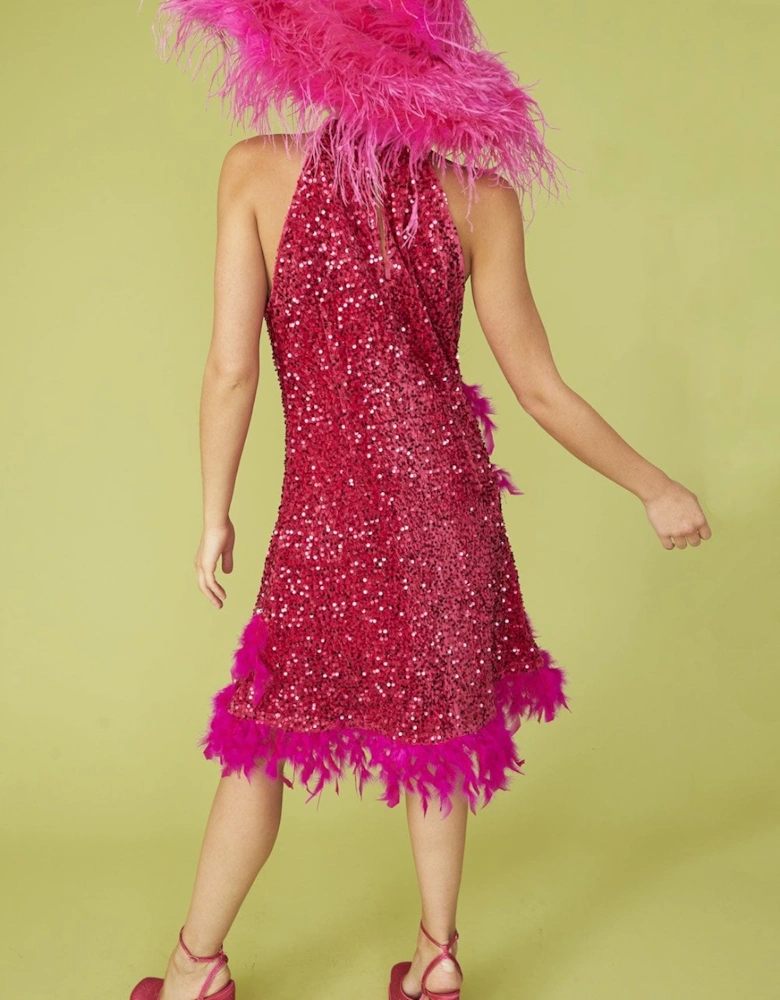 Pink Sequin and Feather Halter Dress with Key Hole Detail
