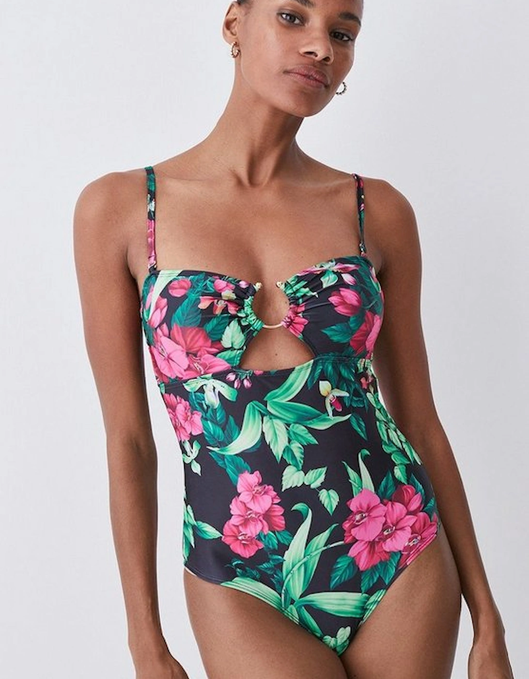 Tropical Print Gold Trim Cut Out Swimsuit, 5 of 4