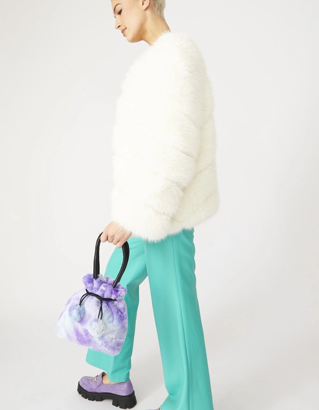 White Faux Fur Striped Gaga Coat