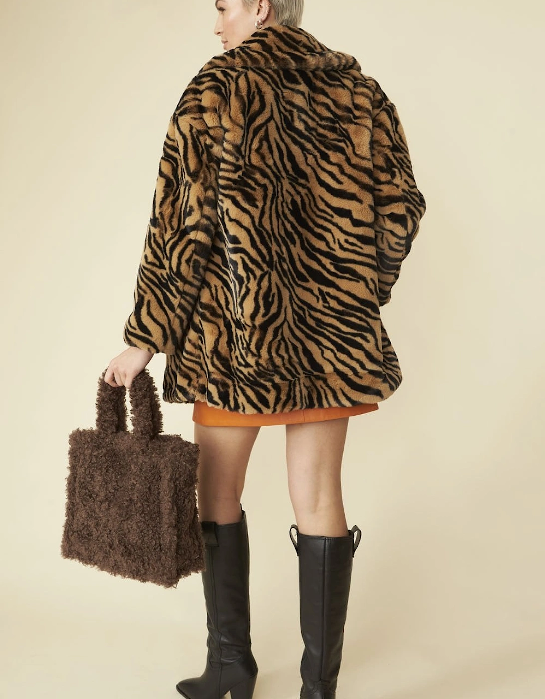 Tiger Print Faux Fur Midi Coat