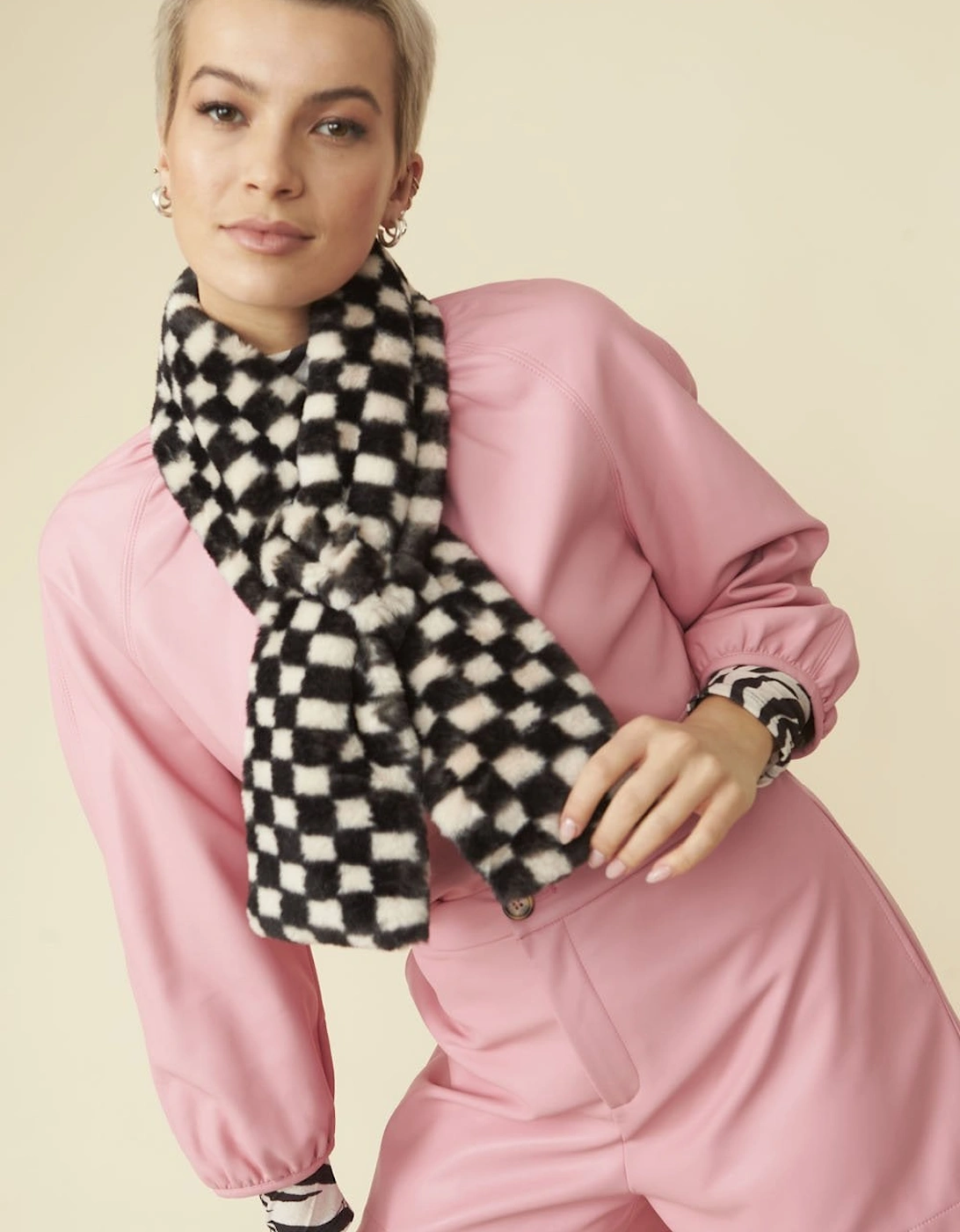 Black and White Checkered Faux fur Scarf with Bow Detail Fastening, 3 of 2