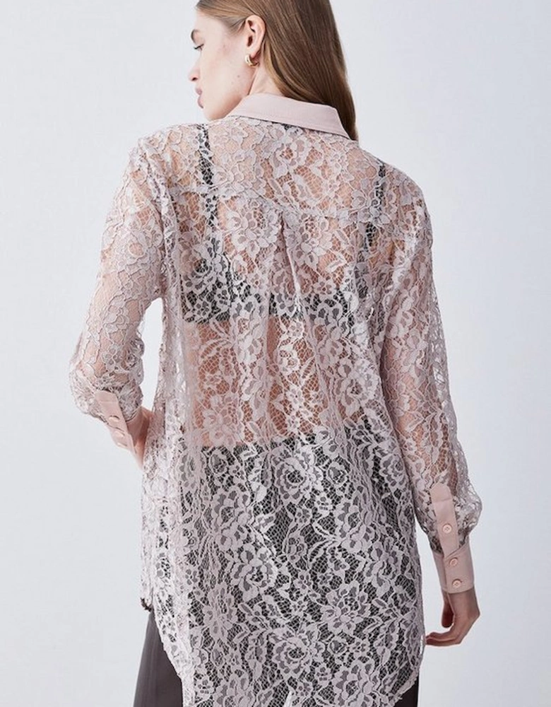 Italian Lace & Satin Tailored Longline Shirt