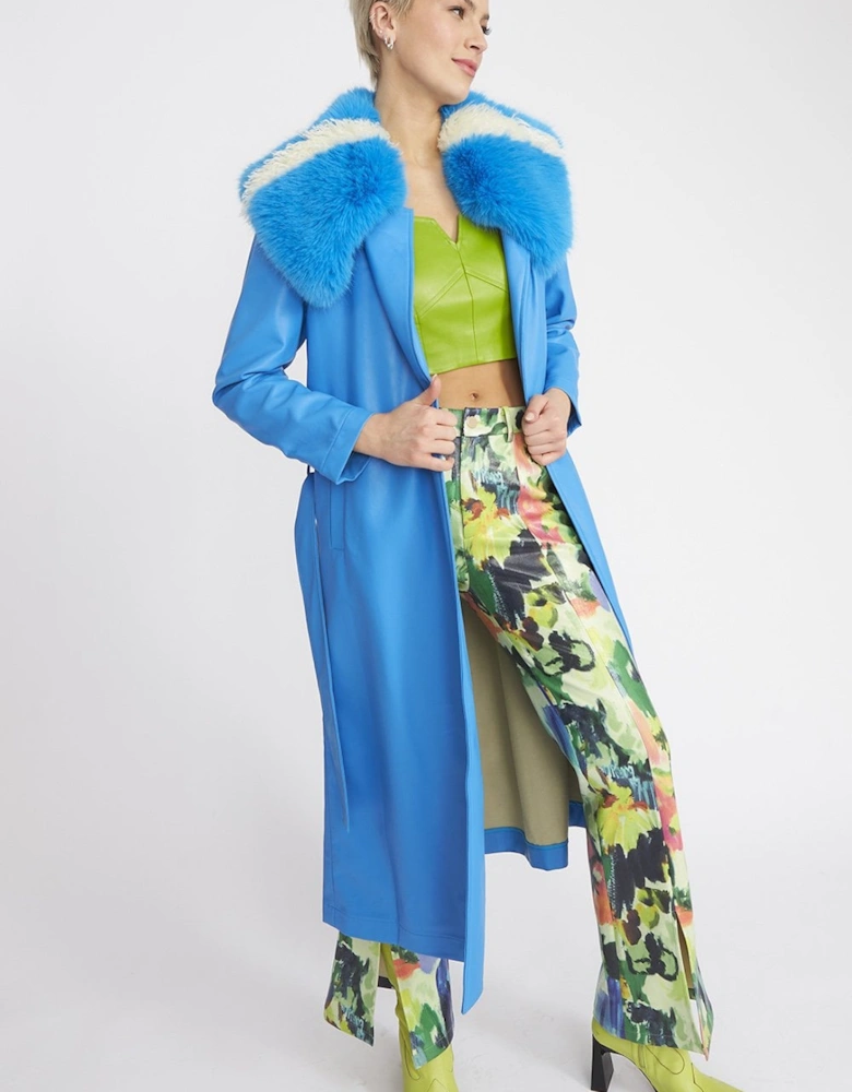 Blue Tencel Blend Eco Leather Trench Coat