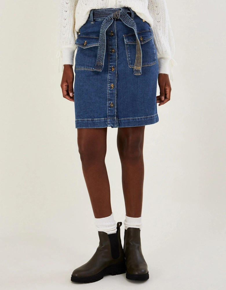 Denim Button Through Belted Skirt - Indigo