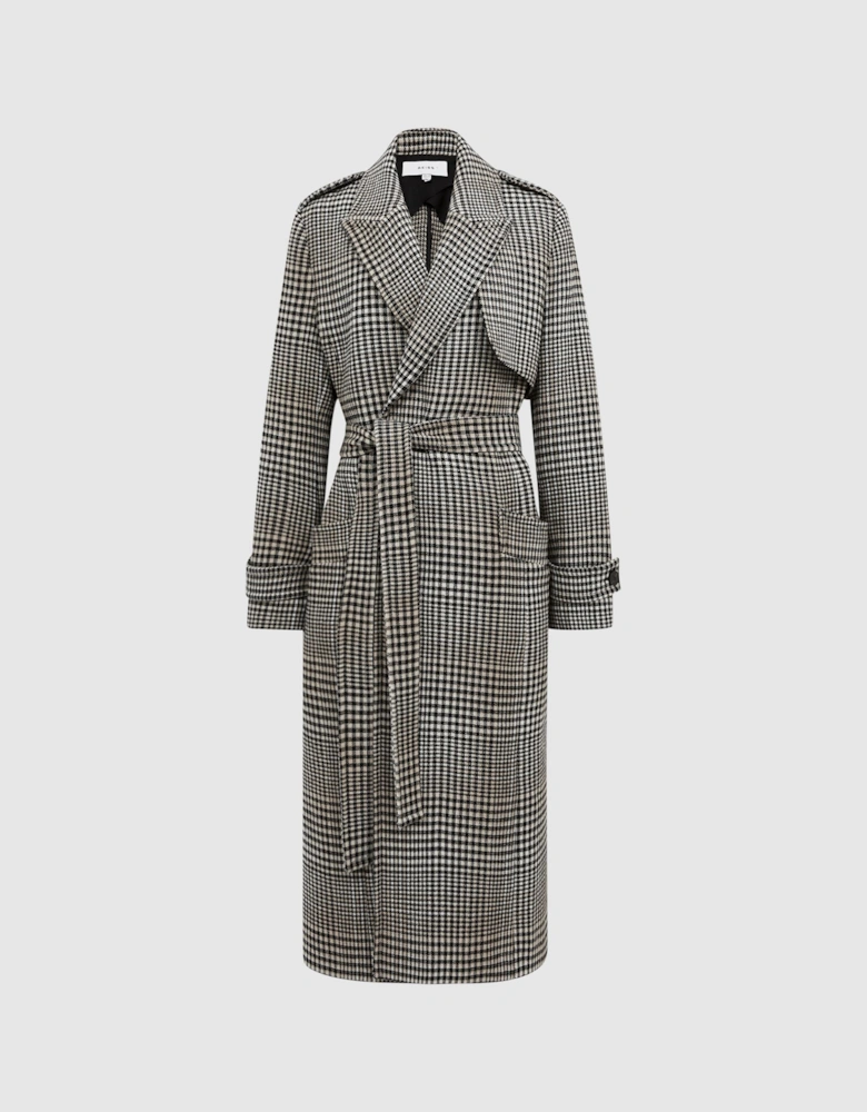 Wool Blend Checked Trench Overcoat