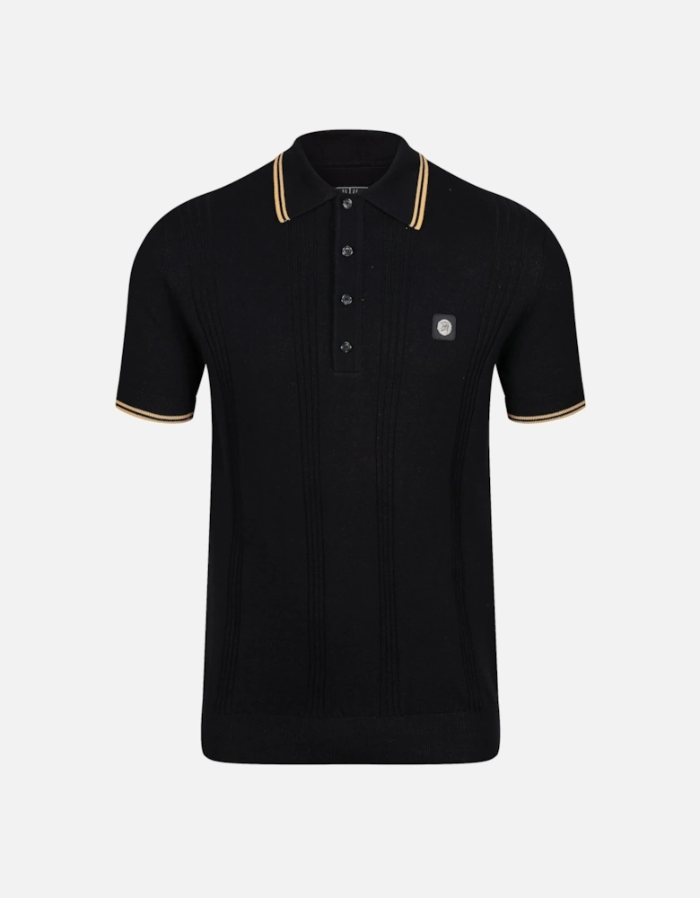 Retro Mod Self Stripe Fine Gauge Mens Polo Shirt - Black