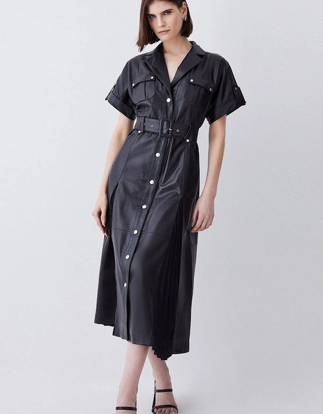 Leather Belted Button Detail Shirt Midi Dress, 5 of 4