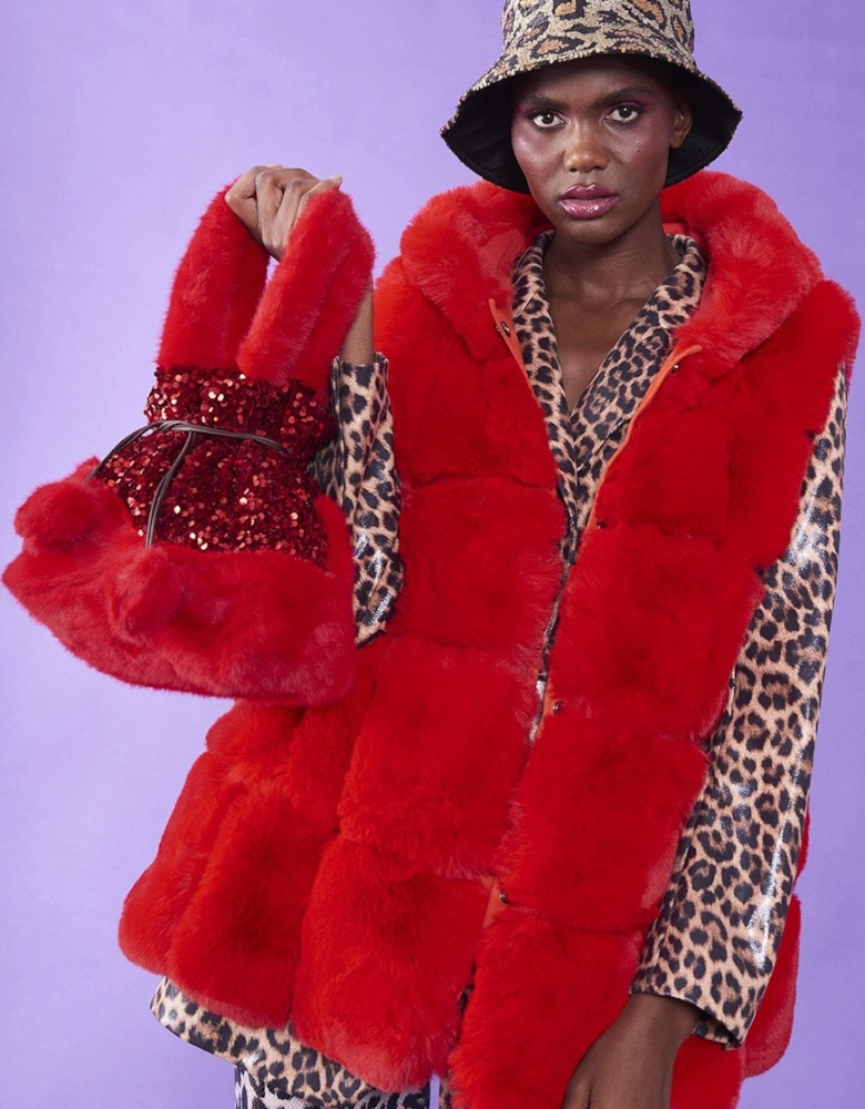 Red Faux Fur Long Hooded Gilet