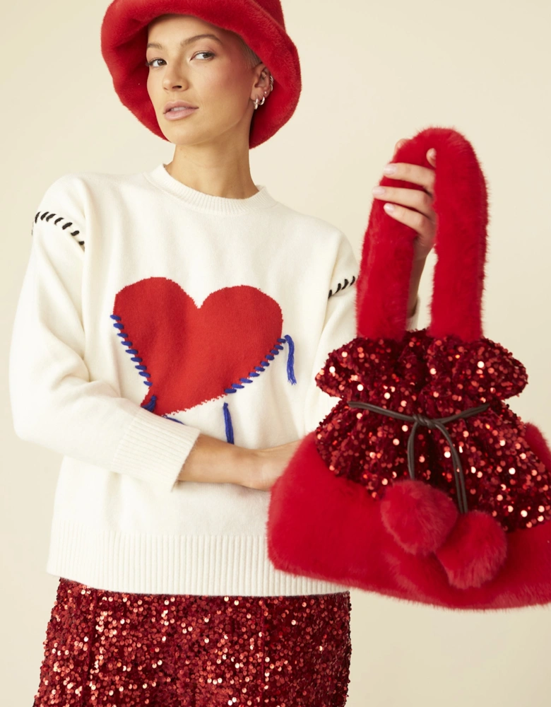 Red Sequin and Faux Fur Bag