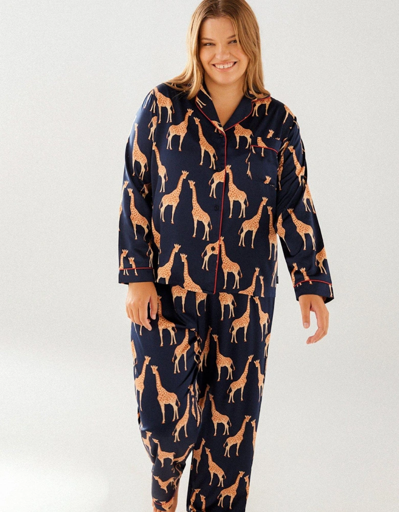 Curve Navy Satin Giraffe Button Up Pyjama Set