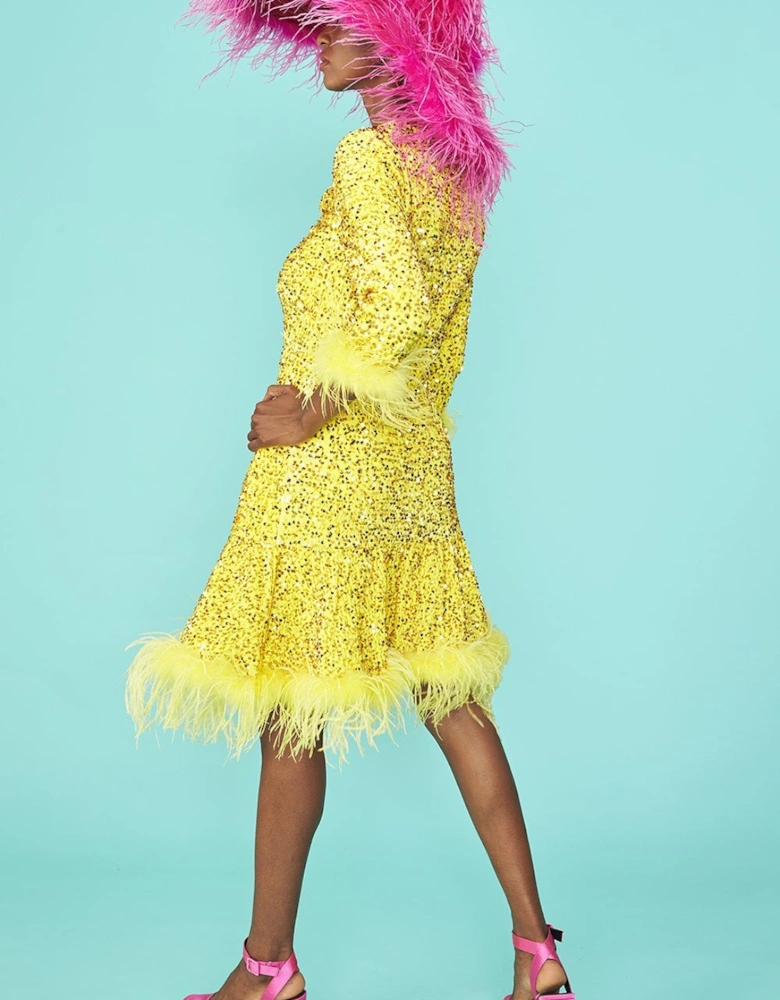 Yellow Sequin Skater Dress with Feather Trim