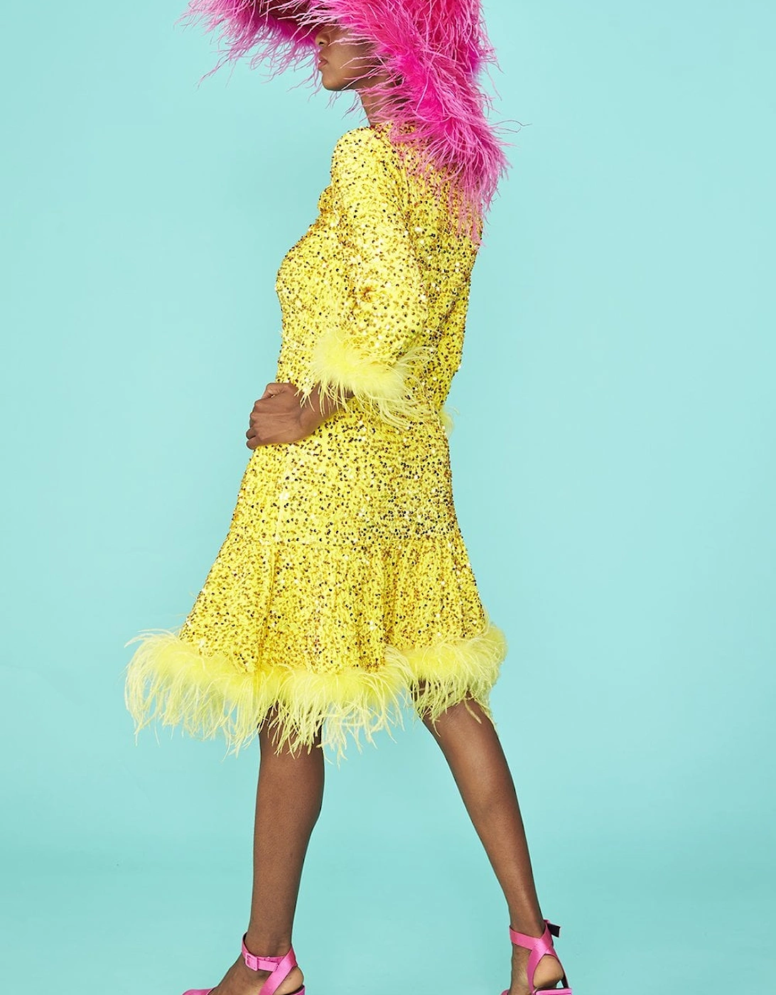 Yellow Sequin Skater Dress with Feather Trim