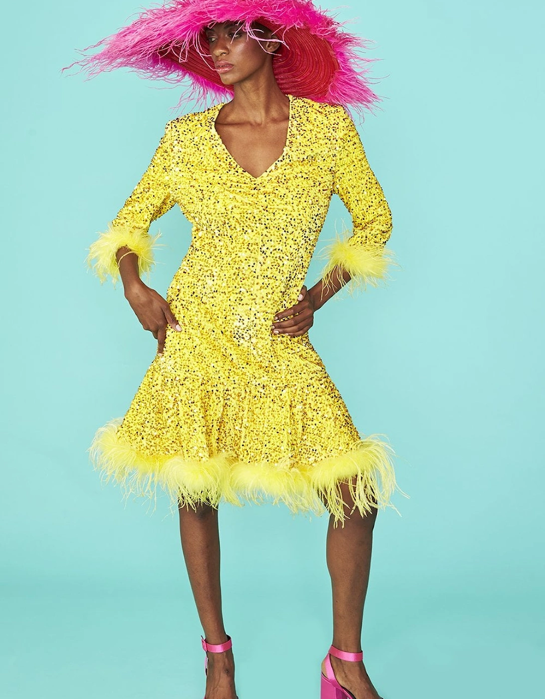 Yellow Sequin Skater Dress with Feather Trim, 5 of 4