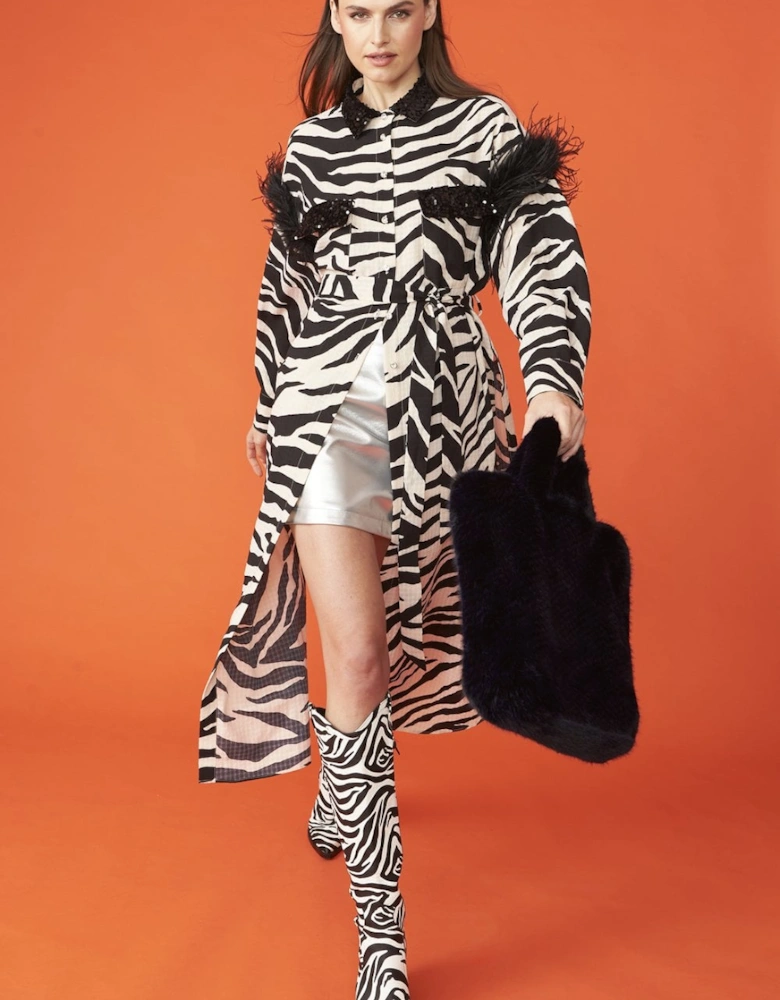 Zebra Trench Coat with Feather Trim and Embellished Collar