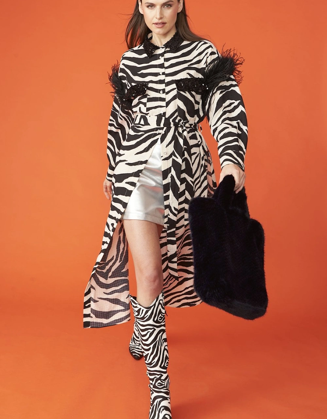 Zebra Trench Coat with Feather Trim and Embellished Collar, 8 of 7