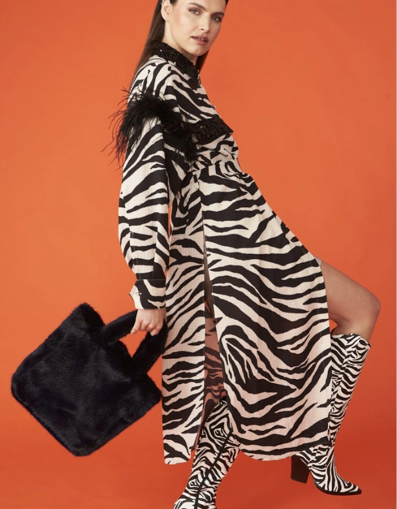 Zebra Trench Coat with Feather Trim and Embellished Collar