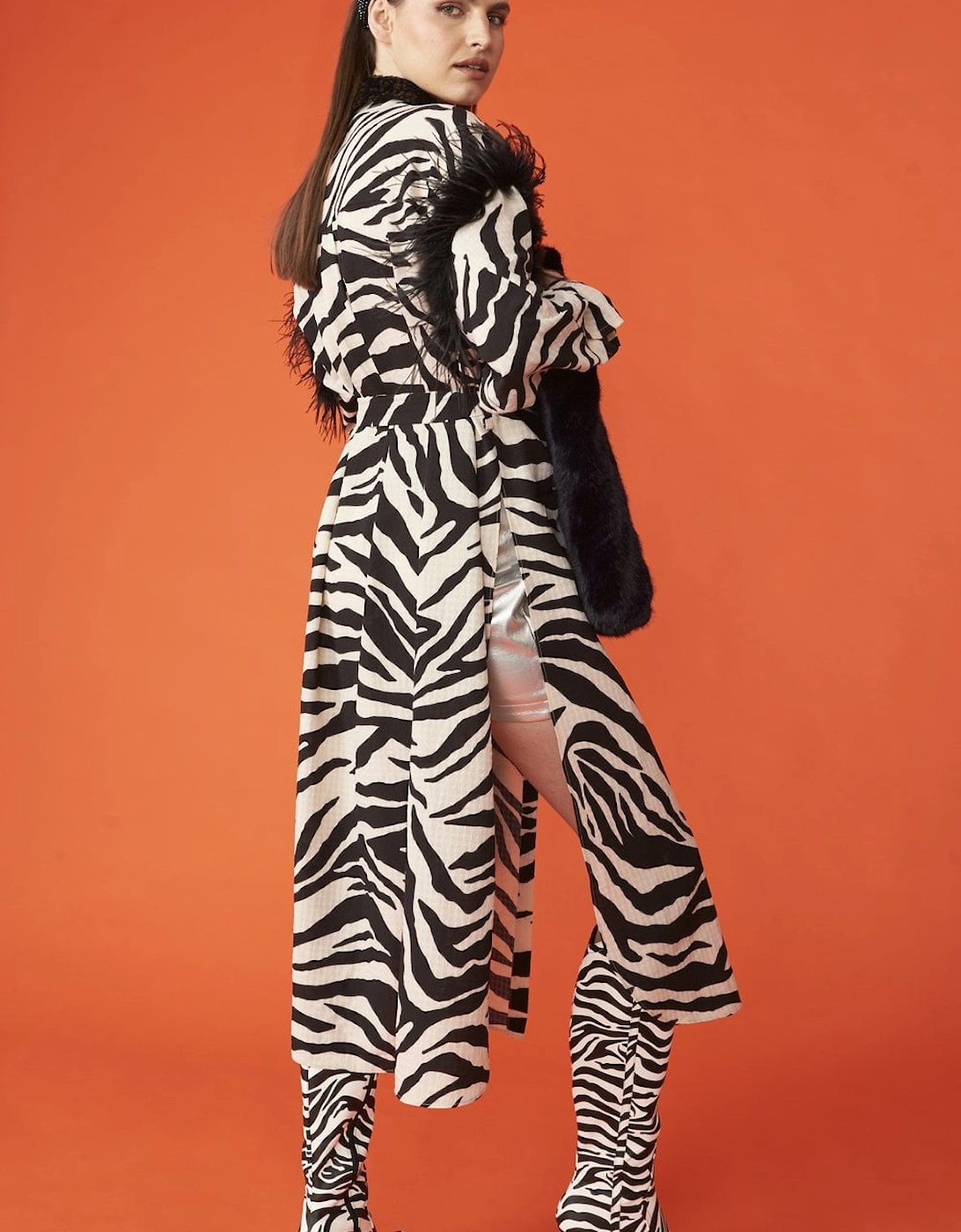 Zebra Trench Coat with Feather Trim and Embellished Collar