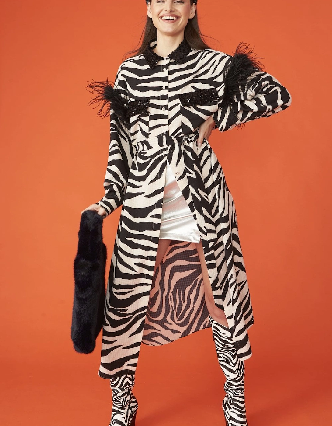 Zebra Trench Coat with Feather Trim and Embellished Collar