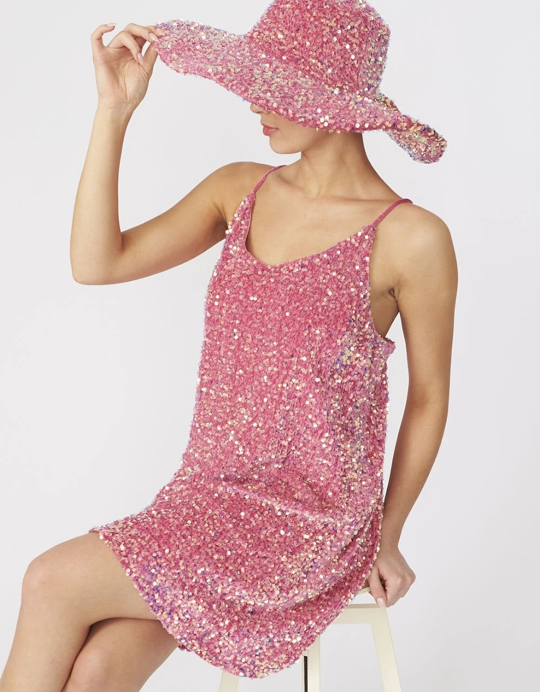 Pink Sequin Cami Ruffle Dress