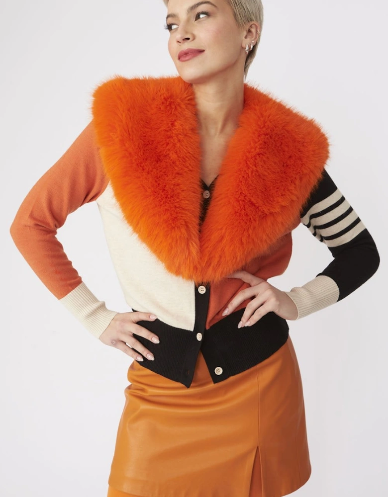 Orange Banana Peel Cardigan with Faux Fur Collar