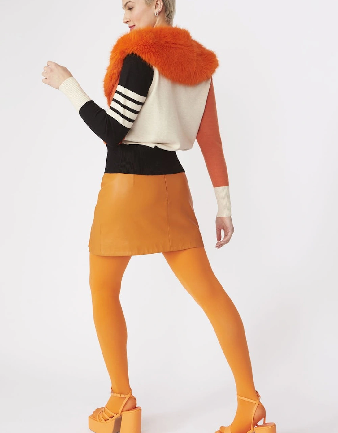 Orange Banana Peel Cardigan with Faux Fur Collar