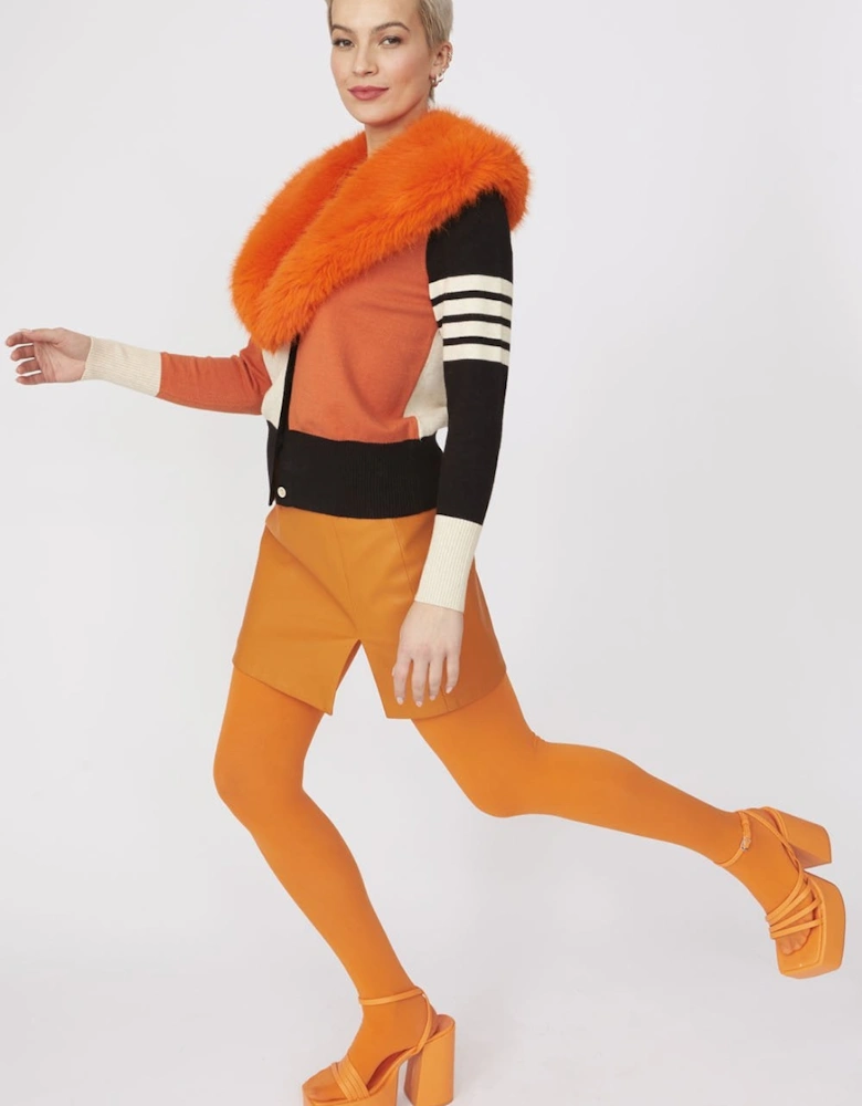 Orange Banana Peel Cardigan with Faux Fur Collar