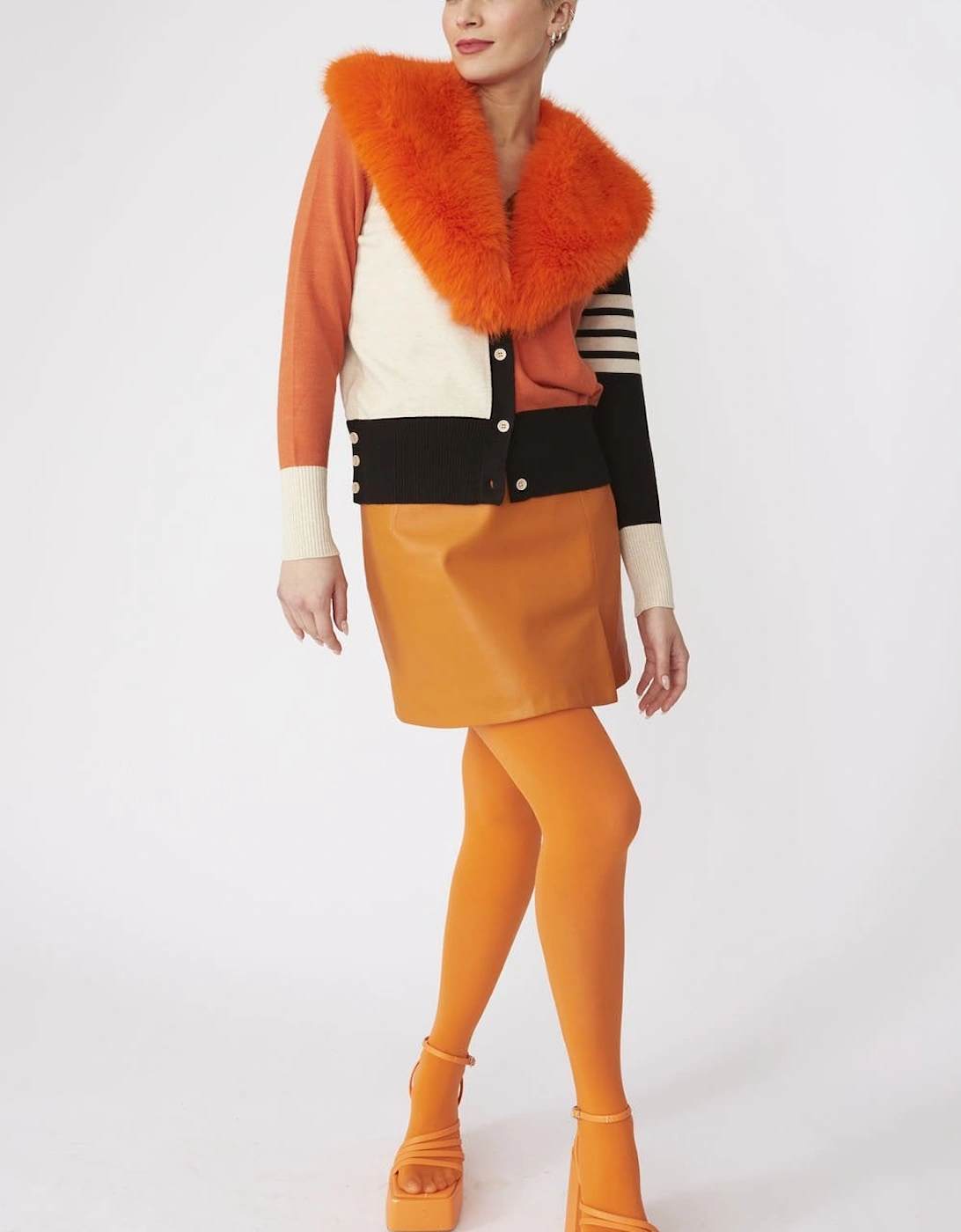 Orange Banana Peel Cardigan with Faux Fur Collar