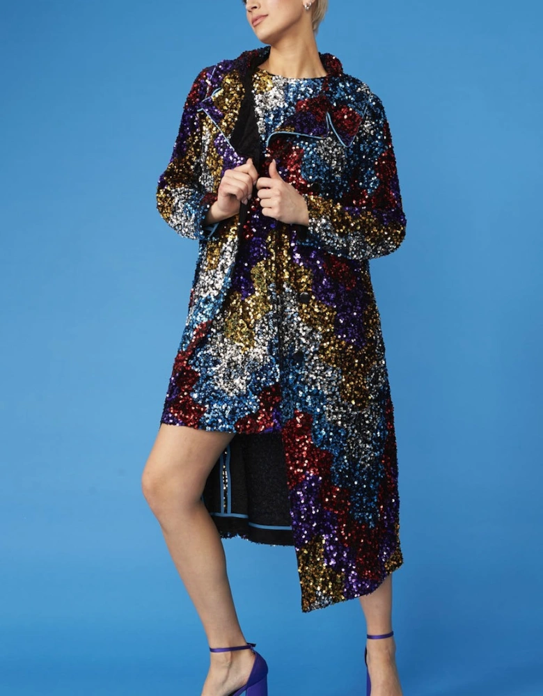 Black Multi Coloured Sequin Trench Coat with Removable Faux Fur Collar
