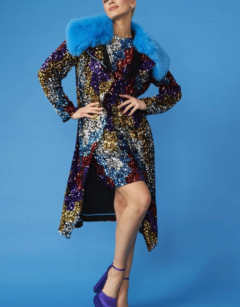 Black Multi Coloured Sequin Trench Coat with Removable Faux Fur Collar