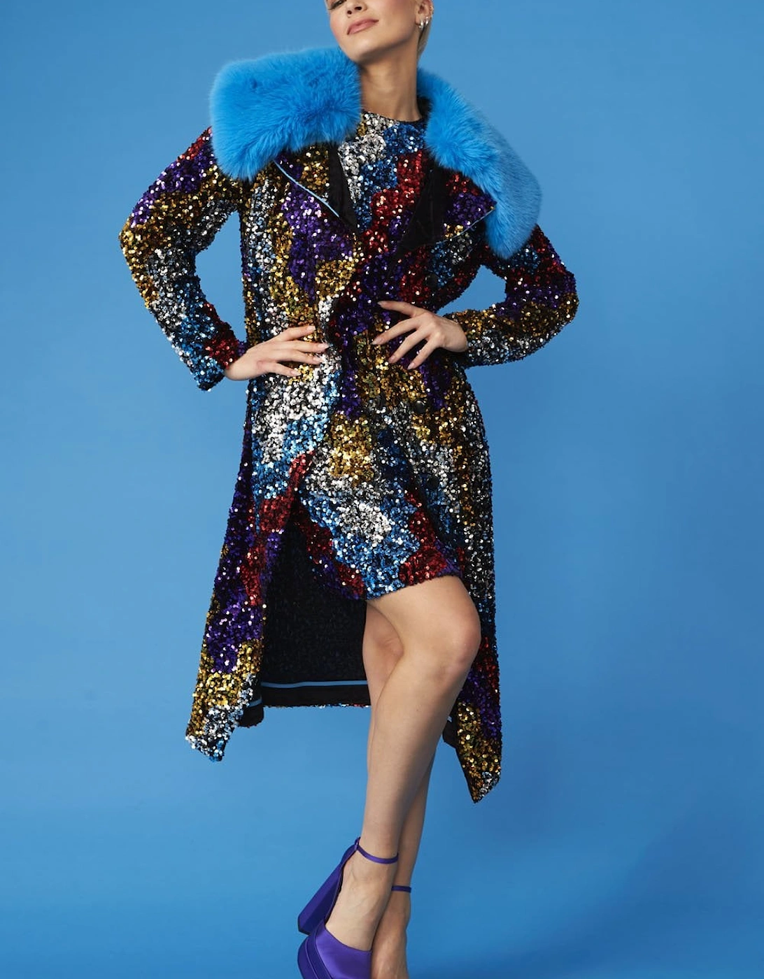 Black Multi Coloured Sequin Trench Coat with Removable Faux Fur Collar, 6 of 5