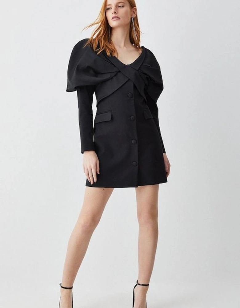 Italian Wool Satin Statement Shoulder Tailored Mini Dress