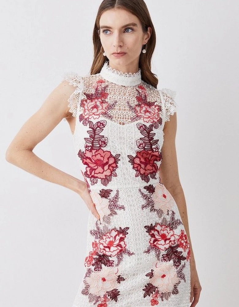 Rose Guipure Lace Embroidered Mini Dress