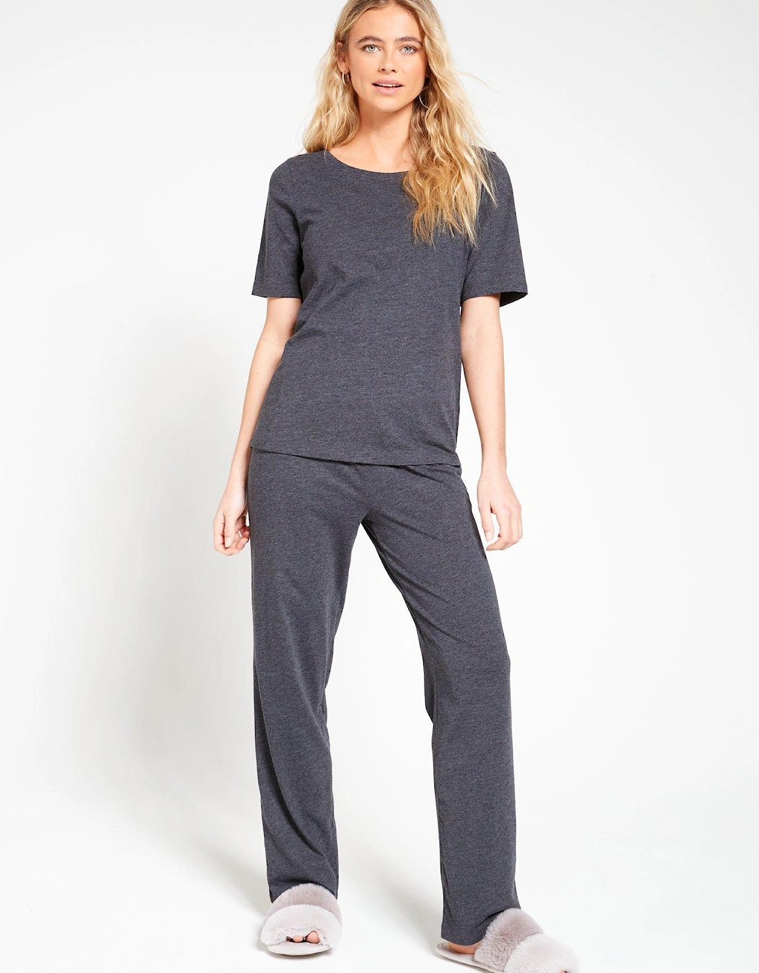 Short Sleeve And Slim Leg Pyjama Set - Charcoal, 2 of 1