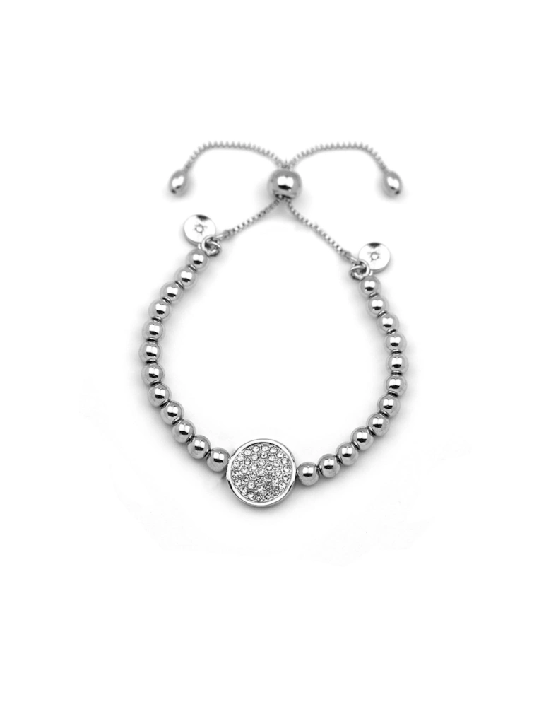 Beaded friendship bracelet with pave disc.