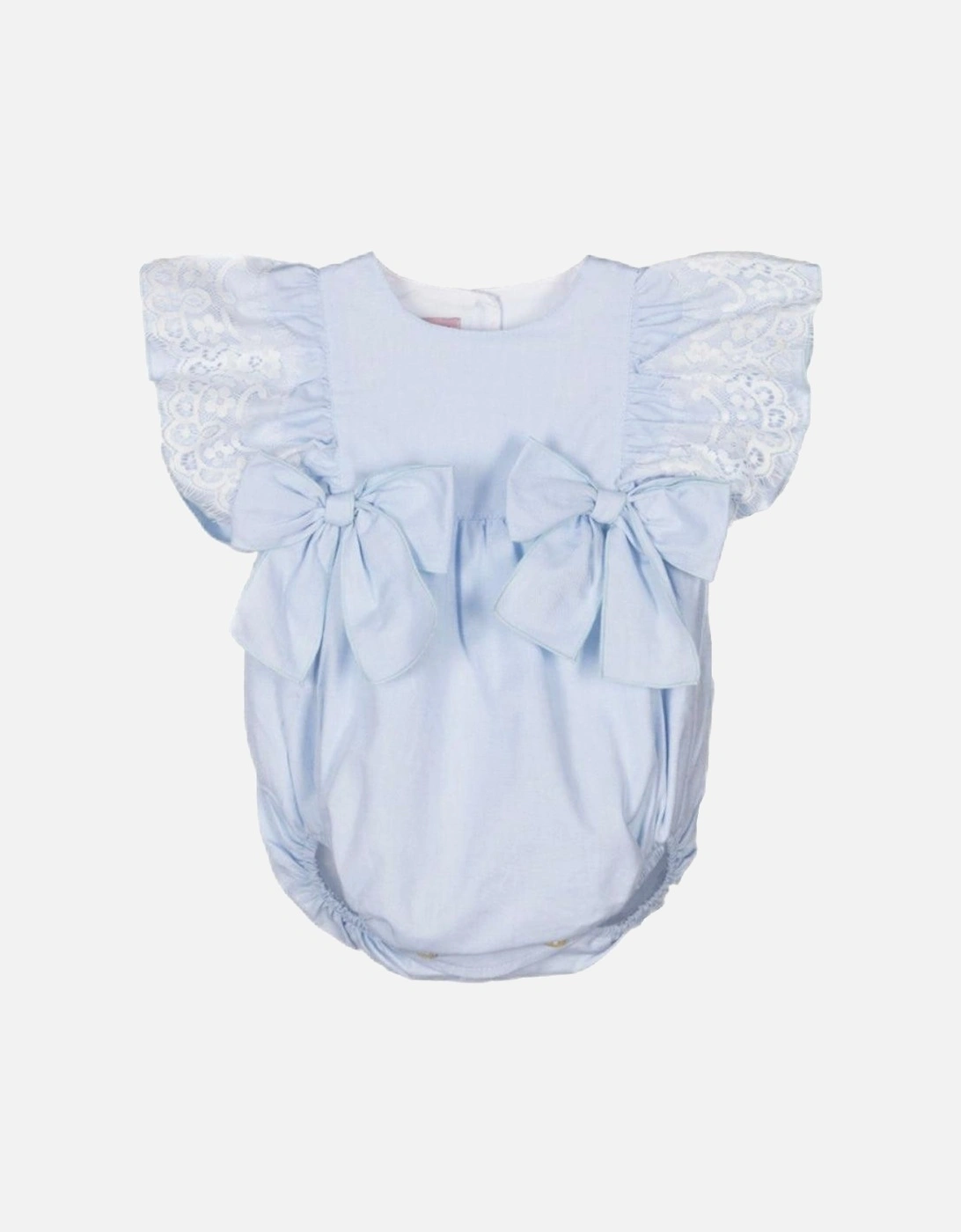 Baby Girls Blue Romper With Lace Detail, 2 of 1