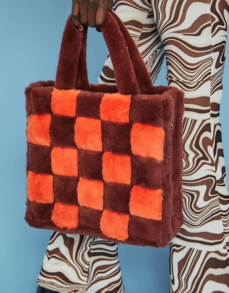 Faux Fur Hand Woven Checkered Tote Bag