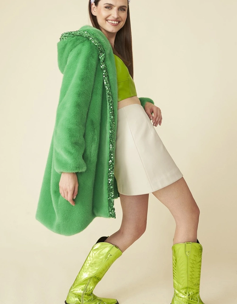 Green Oversized Faux Fur Coat with Sequin Detail and Hood