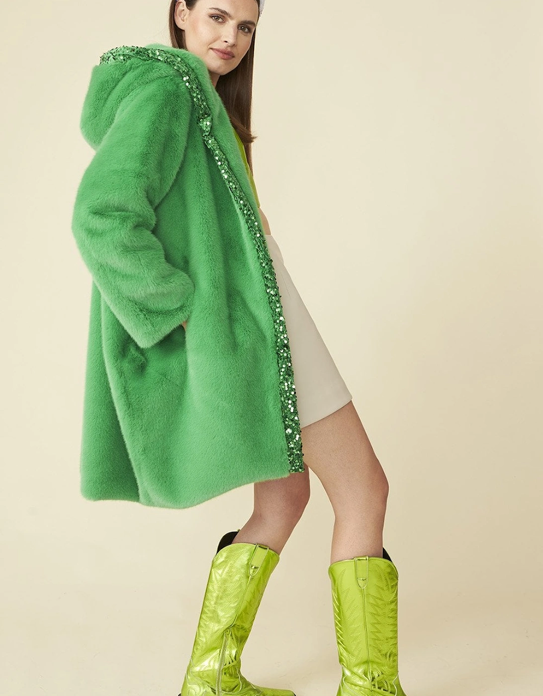 Green Oversized Faux Fur Coat with Sequin Detail and Hood