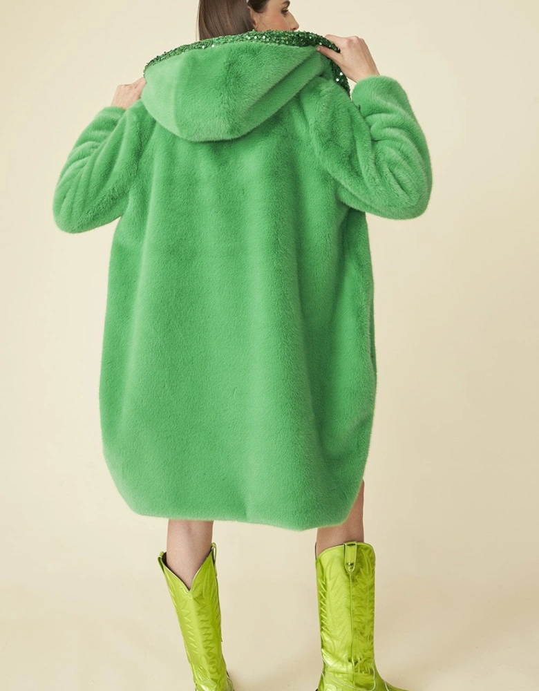 Green Oversized Faux Fur Coat with Sequin Detail and Hood