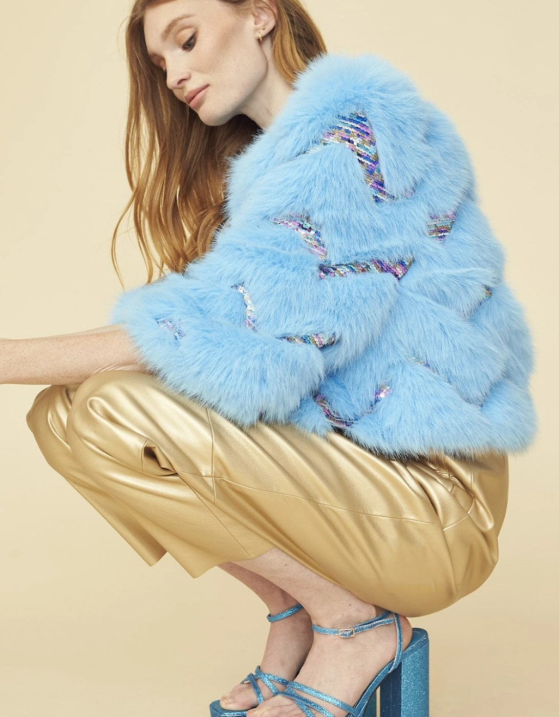 Bamboo Sequin Eco Faux Fur Coat in Blue, 7 of 6