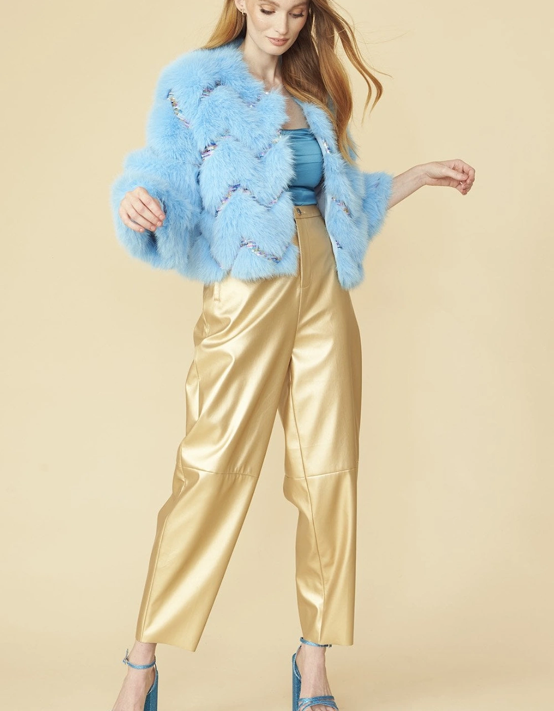 Bamboo Sequin Eco Faux Fur Coat in Blue
