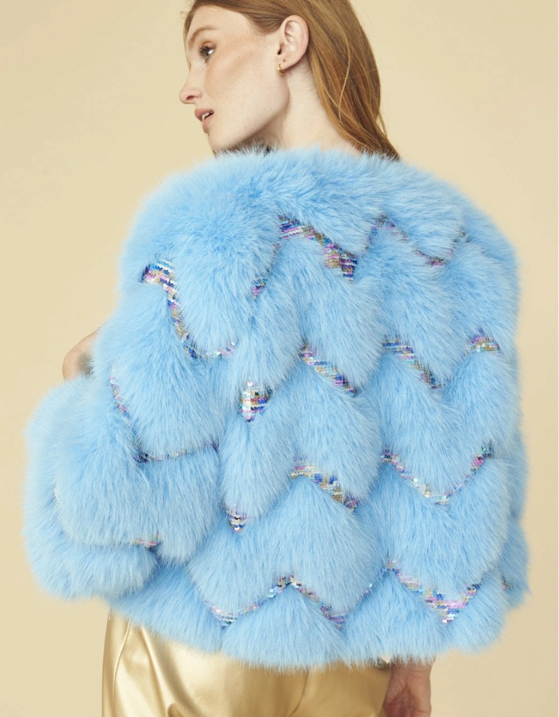 Bamboo Sequin Eco Faux Fur Coat in Blue