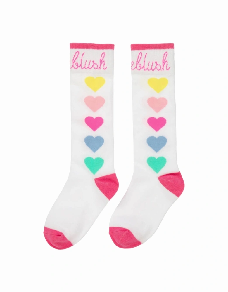 White Multicoloured Heart Knee Socks
