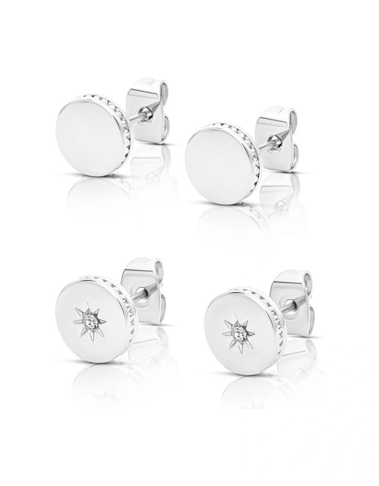 Polished set of two silver stud earrings.