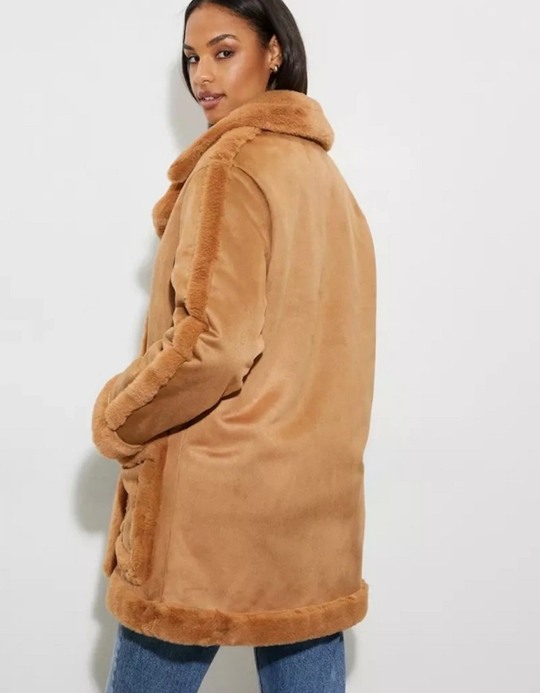 Womens/Ladies Luxe Faux Fur Trim Suedette Coat