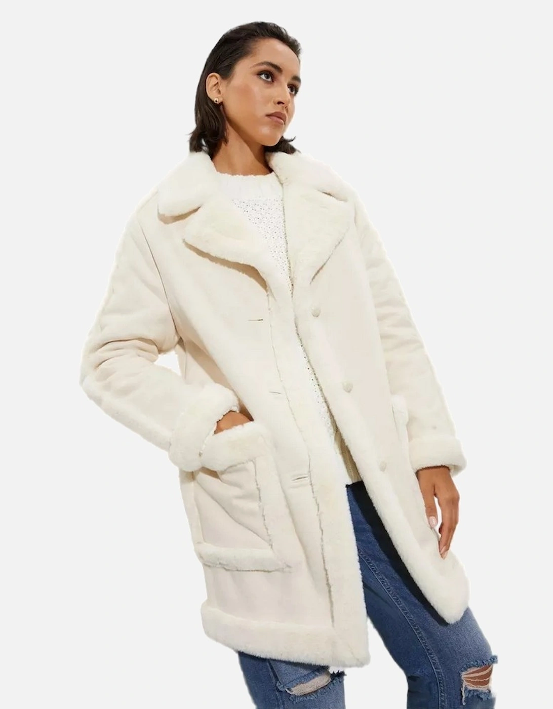 Womens/Ladies Luxe Faux Fur Trim Suedette Tall Coat, 6 of 5
