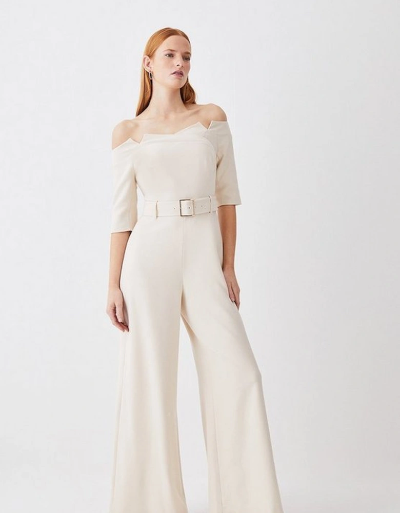 Structured Crepe Off Shoulder Wide Leg Jumpsuit