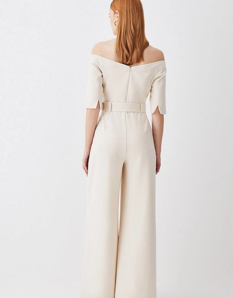 Structured Crepe Off Shoulder Wide Leg Jumpsuit